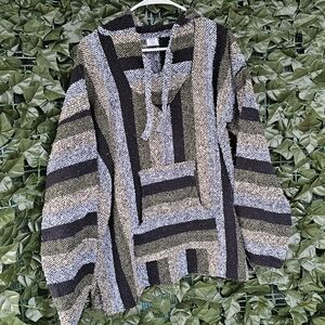 Mexican Baja Poncho Drug Rug Vneck Striped Hippie Hooded Sweater Black Green